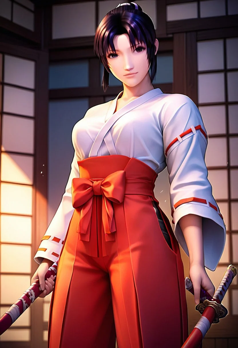 score_9_up, score_8_up, score_7_up, source_anime, 1girl, KAGURA MIO, red hakama, katana, holding weapon