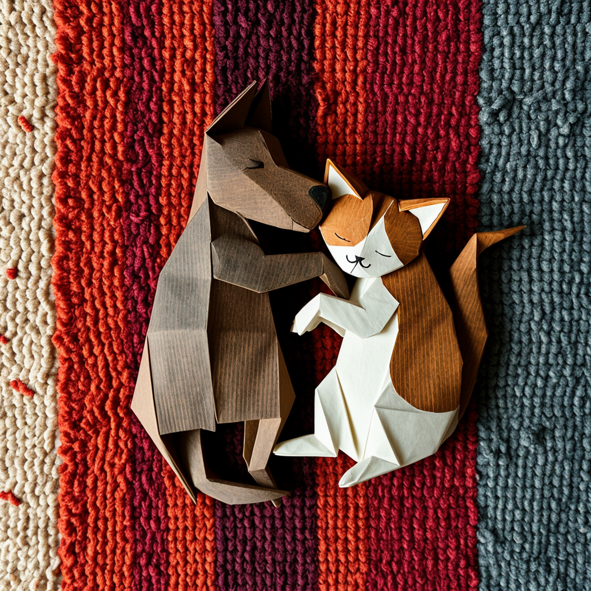 simple origami style. origami dog and origami cat sleeping right up against each other. on a [colorful] rug. overhead view