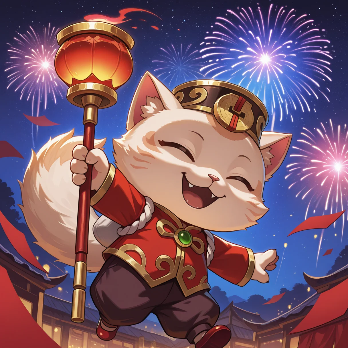 vibrant color, detailed, detailed background, no lineart,
, <lora:teemo-v3-000014:1> (wrtfc), cat_boy, 1other, male focus, closed eyes,
, (plump:0.5), chibi:0.5, (doppa_hat), (coin_ornament), chinese clothes, carnival, white tasuki rope, tangzhuang_shirt, brown baggy pants, red flats_shoes,
, fluffy tail, holding staff, arm up, outstretched_arms, falling papers, red paper
, night sky, fireworks, night, sky, star \(sky\), starry sky, open mouth, dynamic angle, dynamic pose, cinematic ambience,