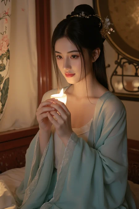 <lora:ã麦æ©éè¡£ãMajicflus:0.7>, qingyi, In the intimate glow of flickering candlelight, a delicate young Chinese woman with an oval face and soft, elegant features is captured in a close-up view as she sits gracefully on an ornate red-lacquered canopy bed. Her loosely tied bun lets a few damp strands of hair fall gently around her flushed cheeks, framing her shy yet expectant expression. Draped in a sheer, cyan hanfu, the translucent fabric clings softly to her shoulders and upper body, revealing the gentle contours of her collarbones and chest under the warm, golden light. Her fingers rest lightly on her lap, adding a sense of poise and quiet anticipation. The blurred background hints at silk drapes embroidered with peonies and a glowing bronze mirror, enhancing the romantic ambiance of the bridal chamber. The focus remains on her face and upper body, exuding a dreamlike beauty and the tender longing of awaiting her beloved.âââ