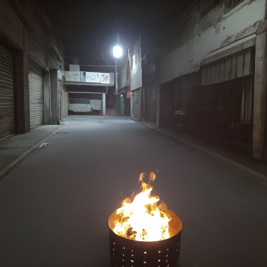 Realistic style, a fire pit amidst ruins. The scene is set in a desolate, abandoned urban landscape with crumbling walls and debris. The fire pit is central, its flames casting a warm, flickering light against the cool, shadowy tones of the ruins. The texture of the fire's glow reflects on broken concrete and twisted metal, creating a stark contrast between warmth and decay. Details like ash, smoldering embers, and scattered remnants of a once bustling place enhance the realism.,<lora:money_bucket:0.75>   <lora:PAseer-SDXL-MistyGhost:0.8> misty ghost, floating