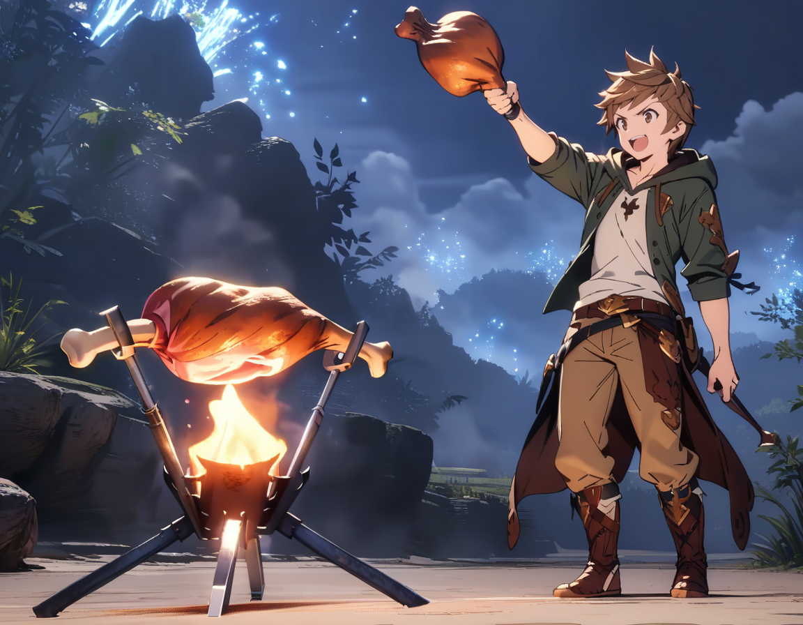 masterpiece, best quality, ultra detailed, highres,4k,(ultra-detailed:1.4) (illustration:0.5), (ray tracing,:0.8),(anime colored:0.7),(ai-generated:0.5),
1boy,
gran \(granblue fantasy\), granblue fantasy,
casual wear,
smile,
v-shaped eyebrows,
open mouth,
night,
full body,
<lora:jyouzuniyakemasitaXL1:1>,jyouzuniyakemasita,
campfire,holding boned meat,standing,arm up,