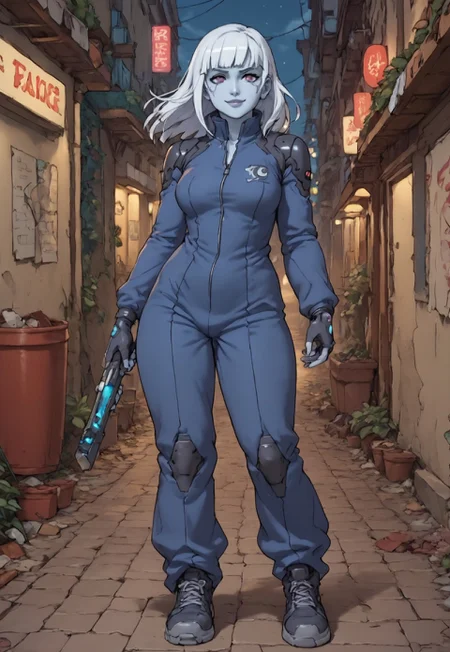 score_9, score_8_up, score_7_up, score_9, score_8_up, score_7_up, Cowboy Shot, Full Body Visual,
BREAK
static_pf, 1girl, white hair, purple eyes, blue skin,
BREAK
Standing in an action pose, Standing in alley at night, city at night, cyberpunk, neon light,
BREAK
DARK SAKURA BODYSUIT,
BREAK
Expressiveh, Smug, Smirk,