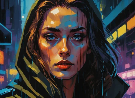 (a girl with a beautiful face), nighttime, cyberpunk city, dark, raining, neon lights , (<lora:Ben Aronson Style:0.5> Ben Aronson Style ,<lora:DiscoDeliriumXL-v1.2:0.5> disco elysium ), cyberpunk, synthwave, 1980s, futurism, brutalism, neuromancer, cinematic photo in an aircraft carrier, art by enki bilal, art by philippe druillet, art by moebius, inspired by french comics art,Background is stunning 17th century european village scenery, detailed and intricate environment, oil painting, palette knife soft brushstrokes, heavy strokes, dripping paint, art station on trend, sharp focus, intricate details, highly detailed