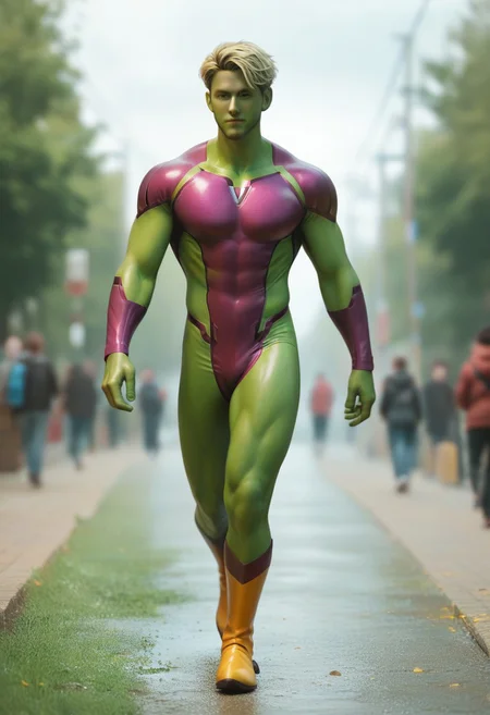 score_9, score_8_up, score_7_up, green skin, green face, adult male, colored skin, superhero, latex, short blonde hair male, ((magenta bodysuit)), magenta superhero, yellow boots, walking, depth of field, 32k UHD resolution, best quality, high quality, full body
