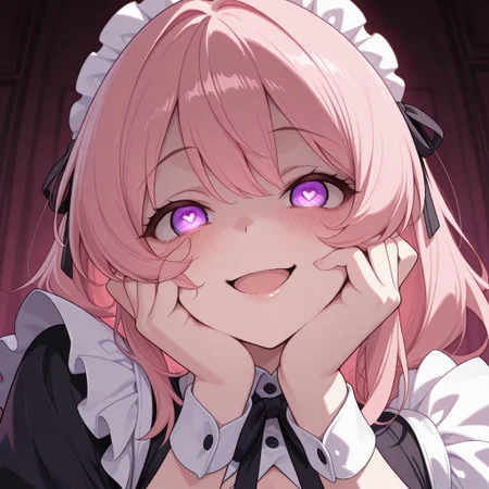masterpiece, best quality, amazing quality,
CivChan, purple eyes, pink hair
maid, maid headdress, black ribbon, puffy sleeves
<lora:yandere-trance-ponyxl-lora-nochekaiser:1>, yandere trance, yandere, hands on own cheeks, hands on own face, crazy eyes, crazy smile, crazy, heart-shaped pupils, glowing eyes, symbol-shaped pupils, hand on own face, open mouth, glowing, blush, looking at viewer,