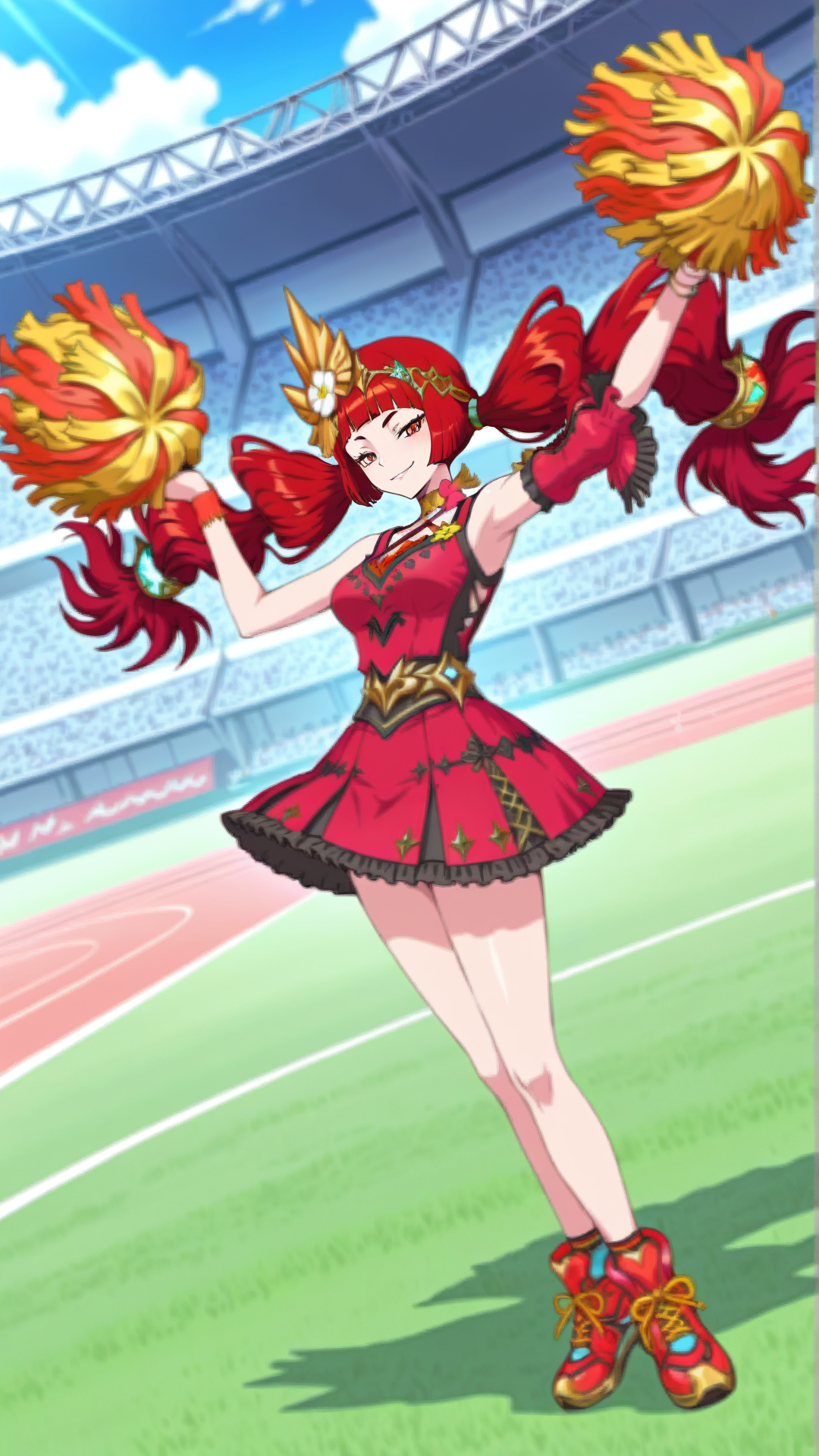source_anime, general, best quality, masterpiece, 1girl,  <lora:Macba_ill_v1.0:1> macba\(scarlet grace\),red hair, long hair, red eyes,twintails, hair ornament, blunt bangs, cheerleader, seductive smile, (smug:0.8),  dynamic pose, dutch angle, full body,