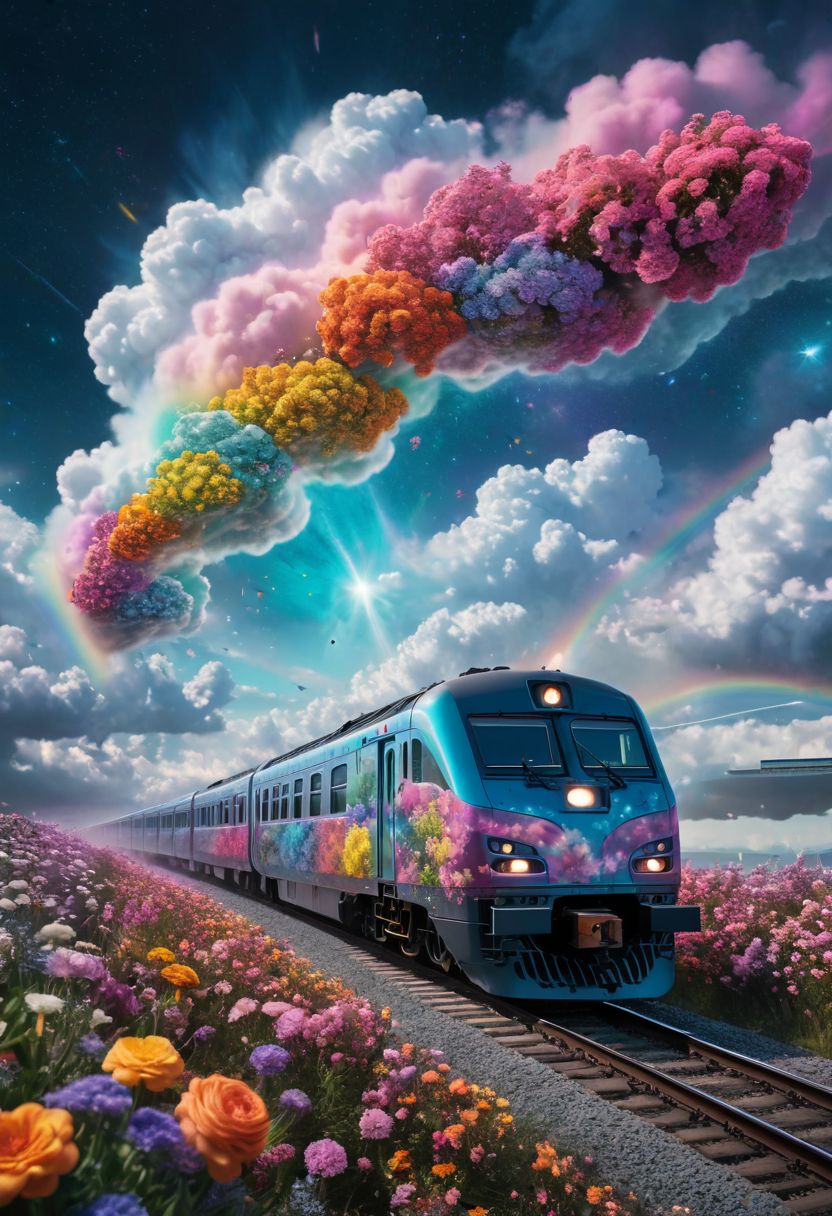 Hyperrealistic train detailed with blooming flowers, ethereal cloud animals with shimmering outlines, passengers gazing in awe, vast sky with swirling galaxies, cosmic colors (rainbow), dramatic lighting, mystical atmosphere