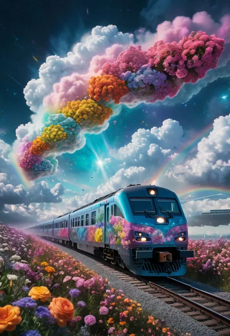 Hyperrealistic train detailed with blooming flowers, ethereal cloud animals with shimmering outlines, passengers gazing in awe, vast sky with swirling galaxies, cosmic colors (rainbow), dramatic lighting, mystical atmosphere