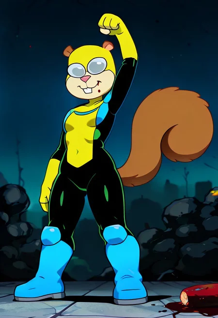 masterpiece, best quality, amazing quality, s@ndy_cheeks, furry, squirrel, buck teeth,  squirrel tail,
Invinciblemcyellow,full bodysuit, color blocking, I simbol on suit,skintight suit, yellow torso colored suit, yellow blue and black suit, black colored lower body suit, blue collar suit, yellow fingerless gloves, blue boots, knee boots, Thight yellow face mask, upper and side head mask, hair exposed on top, nose and mouth exposed,yellow facemask, white glossy Goggles, opaque Googles, wrap-around goggles, battle pose, torn suit, arm up, boxer guard, blood on suit,
, standing, looking at viewer, ears up, eating a carrot, <lora:f3d6199d-a59d-444d-841c-8965080e65e6:0.7>