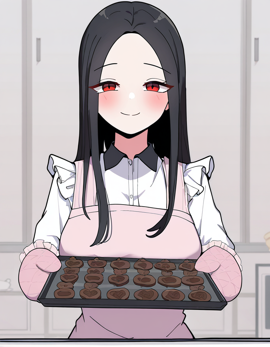 masterpiece, best quality, newest, absurdres, highres, safe,, <lora:yoo-jae-kyung-manhwa-illustriousxl-lora-nochekaiser:1>, yoo jae-kyung, long hair, large breasts, black hair, red eyes, forehead,, <lora:baking-cookies-ponyxl-lora-nochekaiser:1>, baking cookies, looking at viewer, blush, smile, gloves, holding, frills, food, indoors, apron, chocolate, cookie, oven mitts,, , cowboy shot, solo