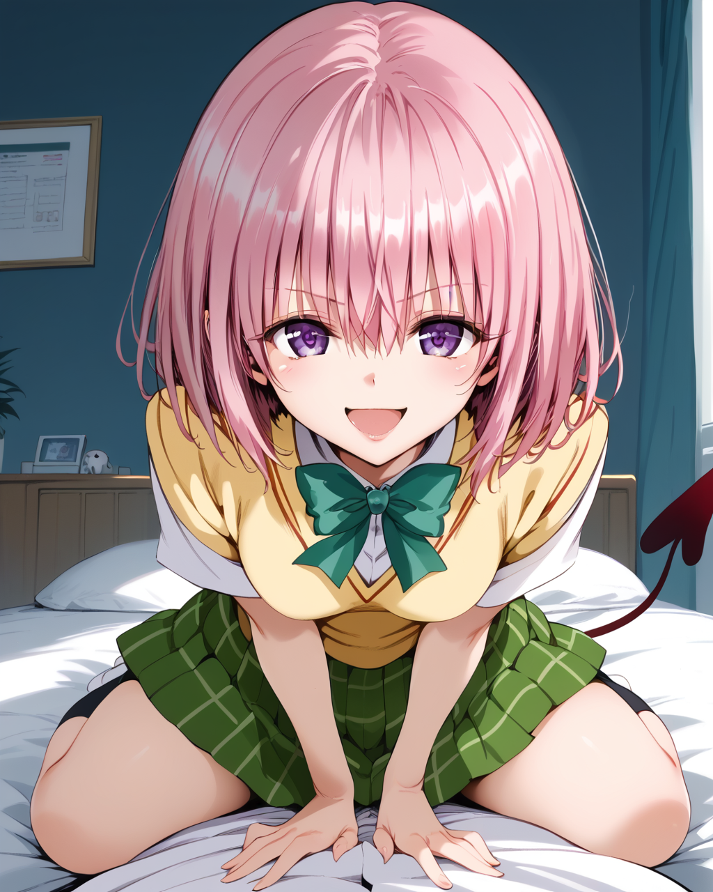 score_9, score_8_up, score_7_up, score_6_up, score_5_up, score_4_up, source_anime, screenshots, <lora:toloverudarkness_pony_v1_uo-000020:1>1girl, momo velia deviluke, demon tail, hair flower, hair ornament, purple eyes, pink hair, short hair, tail,demon tail, green skirt, plaid, plaid skirt, sainan high school uniform, school uniform, skirt, sweater vest, thighhighs, yellow sweater, short sleeves, bow, green bow,  <lora:Goodmorningmybrother_gm_meme:0.8:stop=15> sitting, girl on top, bed, downblouse, smile, open mouth,
