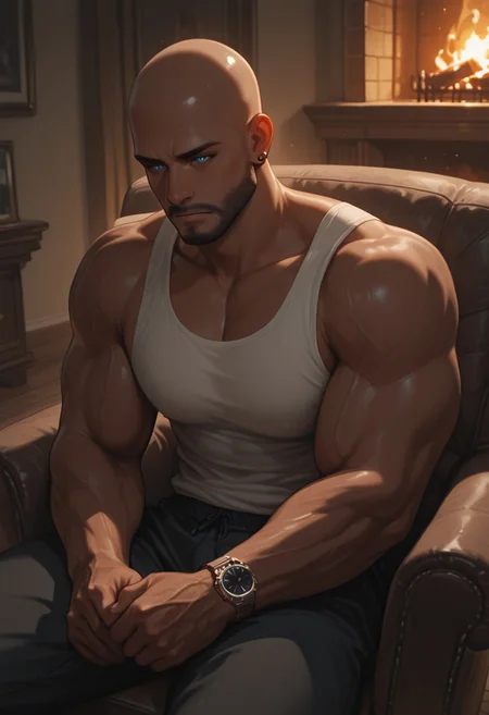 masterpiece, best quality, amazing quality, absurdres, newest, detailed background, definition so sharp, Ultra-HD, 8K cinematic, very awa, impressionate, amazing quality, highres,
1boy, mbti_estj, muscular man, mature man, bald, dark skin, facial hair, blue eyes, watch, solo, fireplace, warm glow, cozy atmosphere, relaxed, sitting, comfortable chair, contemplation, soft shadows, warm tones, inviting, tranquil, home interior, high quality, aesthetic