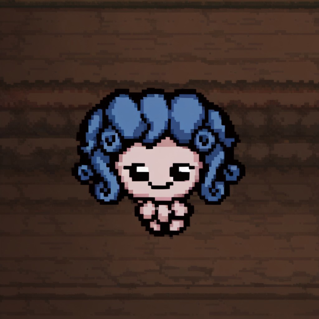 1girl, solo, blue hair, long hair, wavy hair, happy, blue dress, Pixel art, game assets, chibi,