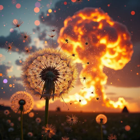 This is a high-resolution photograph capturing the intricate details of a dandelion clock in the process of being scattered by a powerful shockwave. The background features a dramatic contrast: on one side, a dreamy array of bokeh lights in soft pastel blues, purples, and pinks, blending into vibrant yellows and oranges, creating a magical and surreal atmosphere. On the other side, a massive nuclear explosion dominates the scene, with a fiery mushroom cloud rising into the sky, emitting intense orange and red hues that bleed into the softer tones of the bokeh.
The dandelion clock is prominently displayed in the foreground, its delicate, feather-like seeds being violently scattered outward by the shockwave. The seeds, with their soft white and light brown hues, appear to blur slightly as they are hurled into the air, creating a dynamic sense of motion. Some seeds are illuminated by the glowing light of the explosion, casting sharp, dramatic shadows that contrast with the ethereal softness of the bokeh lights.
The composition balances the delicate beauty of the dandelion with the raw, destructive power of the explosion, emphasizing a juxtaposition between natureâs fragility and overwhelming force. The image evokes a surreal, almost apocalyptic feeling, blending serene details with intense, chaotic energy.
aidmaMJ6.1