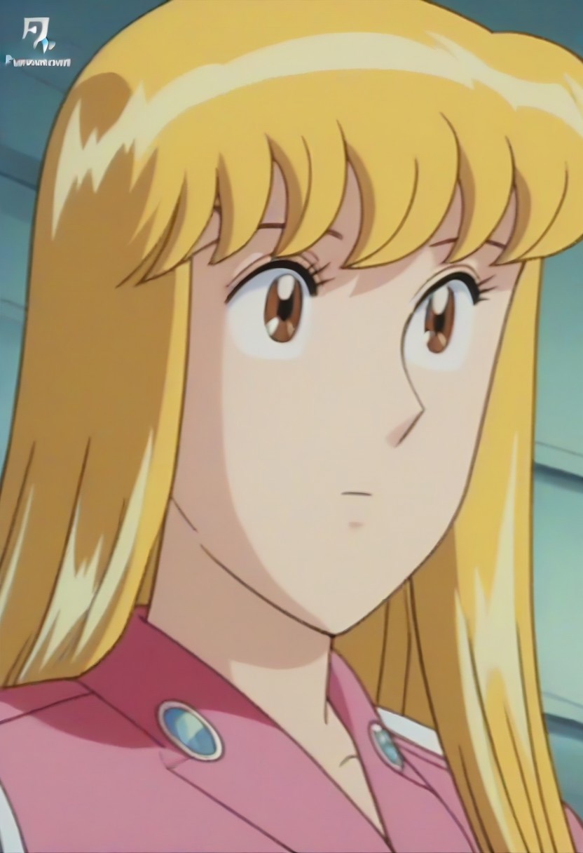 masterpiece, best quality, , anime screencap, anime coloring, official style,uncensored,1girl, solo, (kochikame, akimoto reiko, huge breasts, blonde hair, pink suit),