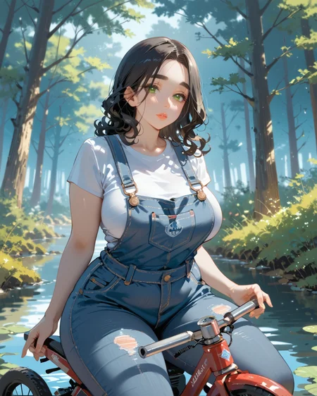 PonyScores7, source_anime, rating_safe, ah1, 1girl, (curly hair), long hair, (black hair:1.3), mature female, (parted hair:1.7), (round face:1.2), (no_bangs), (no_fringe), (thick eyebrows), (curvy), round-chin, (greenish hazel eyes), caucasian, (downturned eyes:1.2), (plump face), <lora:ETO_OCPonyXL:0.5> eto_oc, skindentation, (plump), thick thighs, wide hips, busty, voluptuous, kinky curls, lips, bad-hands-5, <lora:venus body PonyXL:0.6>, <lora:xl_more_art-full_v1:0.3>, <lora:shinyskin2:0.3> glistening skin, <lora:aesthetic_anime_v1s:0.3>, <lora:Expressive_H:0.3> Expressiveh, <lora:hairdetailpxl:0.3> hairdetailpxl, <lora:EpicF4nta5yXL:0.3>, <lora:detailxl:0.3> detailxl, <lora:Fant5yP0ny:0.3>, best quality, amazing quality, best aesthetic, absurdres, <lora:expressive eyes:0.3> expressive eyes, <lora:eyedetailpxl:0.3> eyedetailpxl, illustration, Volumetric_Lighting, ultra-detailed, very aesthetic, intricate details, 8k, masterpiece, best_quality, ((Cry)), (Candid shot), (riding a bike in the neighborhood), (Enchanted Forest Lake with Elven Boats), (tuatara plumber, in overalls with a pipe wrench), <lora:Eyes_High_Definition:0.3> EyesHD, looking at viewer,  Stable_Yogis_PDXL_Positives, AS-Adult,