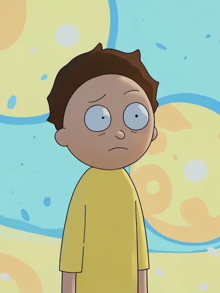 score_9,score_8_up,score_7_up,score_6_up,score_5_up,score_4_up <lora:Smooth Night Style SDXL_LoRA_Pony Diffusion V6 XL:0.7> <lora:Rick_and_MortyPonyV1:1> Morty, 1boy, brown hair, yellow shirt, black pupils