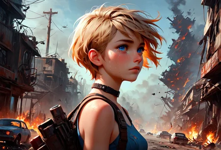 1girl, Masterpiece, 4k, ultra high detail, score_9, score_8_up, score_8, 18yo, petite, medium breast, short blonde hair, fcNeg, stunning blue eyes, freckles, white skin, small nose, innocent beauty, slim face, skinny petite body,
Torn sport clothes
Fear in her eyes, crying,
Sideview, Apocalyptic scene, burning skyscraper, burning city, derstroyed cars, a huge asteroid swarm in the sky,
Many asteroids in the sky,
End of the World,
negative_hand, NightScapes,