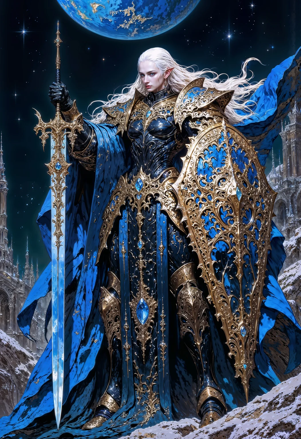 a powerful female warrior standing in an imposing pose. She has long, flowing white hair and pale skin, with a determined expression. Her armor is intricately designed with ornate blue and silver patterns, covering her torso and limbs. She holds a large, glowing blue sword in her right hand and a massive shield in her left, both adorned with elaborate designs. The background showcases a futuristic cityscape under a starry sky, with a large planet visible above. The overall color scheme is dominated by shades of blue and silver, creating a mystical and otherworldly atmosphere. oil-painting, romanticism, painting, elegance, opulence, beautiful, painterly, detailed, textural, artistic, aesthetic, intricate details, highly detailed, vivid, vibrant, mythp0rt, DB4RZ, DB4RZ style painting