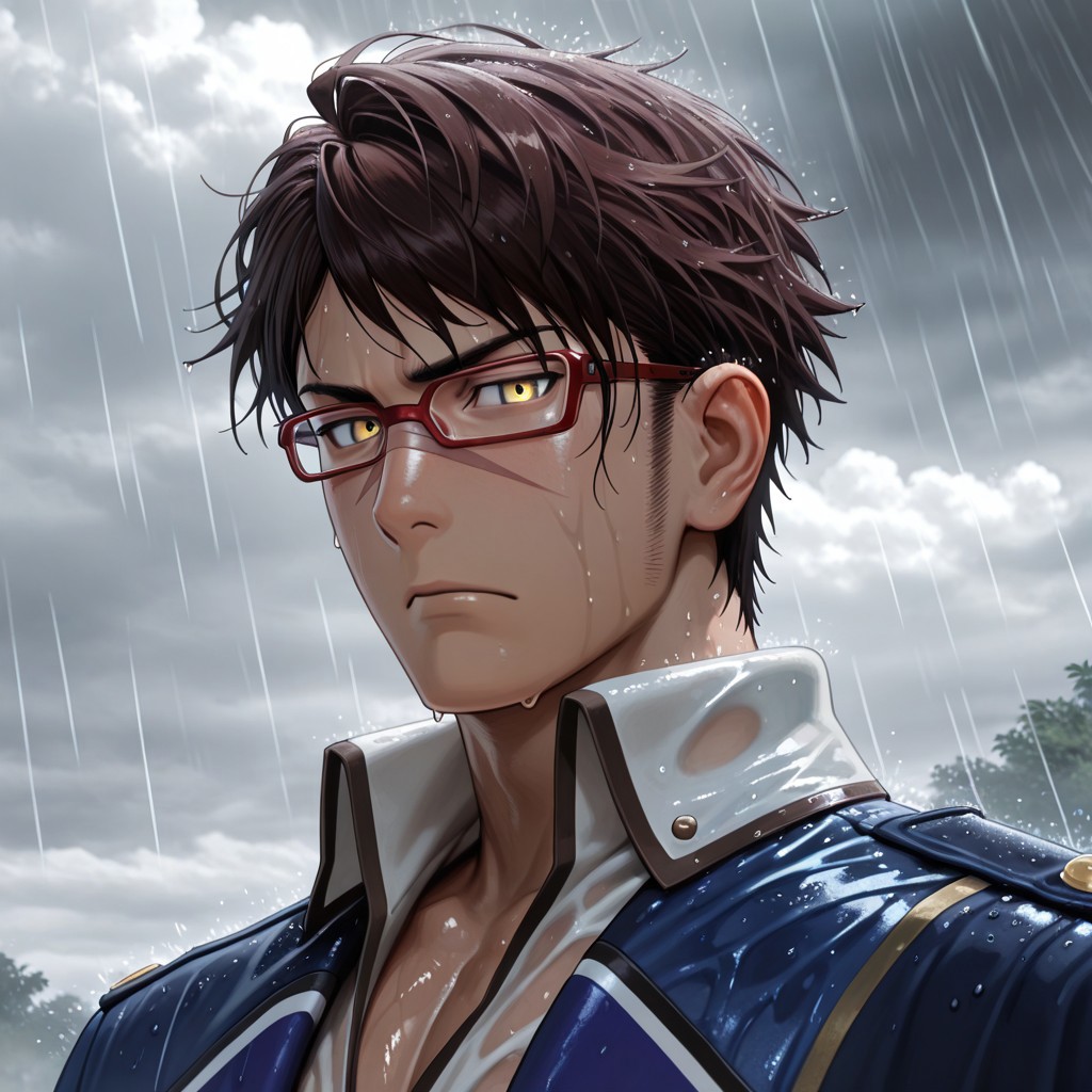 masterpiece, best quality, amazing quality, absurdres, newest, detailed background, definition so sharp, Ultra-HD, 8K cinematic, very awa, impressionate, amazing quality, highres, 
solo, male focus, manly, mature male, bara, cloud, grey, rain, wet,
goukizenjou, gouki_brunette, gouki_yellow eyes, 1boy, short hair, sideburns, face scar, red-framed eyewear, blue coat, white collared shirt, serious face, wet clothes, looking at viewer, dynamic angle