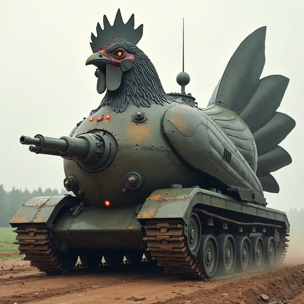A formidable tank designed to resemble a massive hen rolls across the battlefield. The body of the tank is heavily armored, with its turret shaped like the rounded torso of a chicken, covered in thick, metal "feathers" that provide both protection and a menacing look. The front of the tank features a sharp, beak-like cannon, capable of firing high-powered shells, while smaller weapons are mounted along the sides, where mechanical "wings" fan out to shield the vehicle. The tracks, disguised as powerful, clawed feet, dig into the ground as the tank advances, leaving deep impressions behind. At the top, the rotating turret mimics the hen’s head, with small, glowing red "eyes" scanning the surroundings for threats. The tank's exhaust pipes extend from the rear, giving the impression of tail feathers as they spew smoke. Despite its comical shape, this chicken-inspired war machine exudes an intimidating presence on the battlefield.