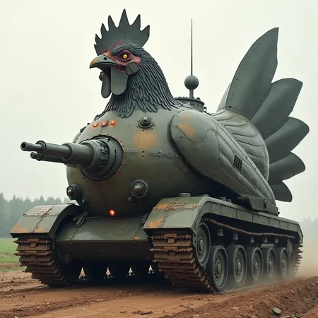 A formidable tank designed to resemble a massive hen rolls across the battlefield. The body of the tank is heavily armored, with its turret shaped like the rounded torso of a chicken, covered in thick, metal "feathers" that provide both protection and a menacing look. The front of the tank features a sharp, beak-like cannon, capable of firing high-powered shells, while smaller weapons are mounted along the sides, where mechanical "wings" fan out to shield the vehicle. The tracks, disguised as powerful, clawed feet, dig into the ground as the tank advances, leaving deep impressions behind. At the top, the rotating turret mimics the hen’s head, with small, glowing red "eyes" scanning the surroundings for threats. The tank's exhaust pipes extend from the rear, giving the impression of tail feathers as they spew smoke. Despite its comical shape, this chicken-inspired war machine exudes an intimidating presence on the battlefield.
