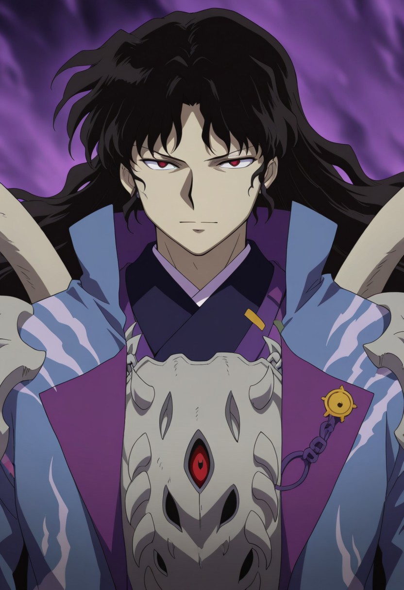 best quality, masterpiece, amazing quality, very aesthetic, absurdres, 
1boy, solo, 
naraku, 
looking at viewer, 
abstract background