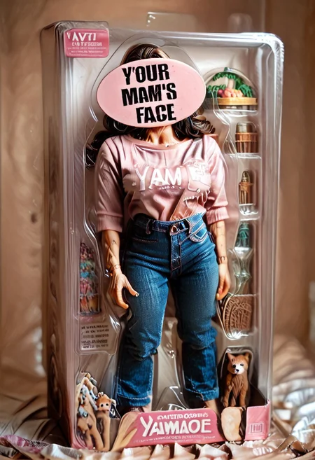 score_9, score_8_up, score_8, toy packaging, action figure, 1girl, solo, mature, pink shirt, jeans, old, (yrm0mlol:1.8), full body