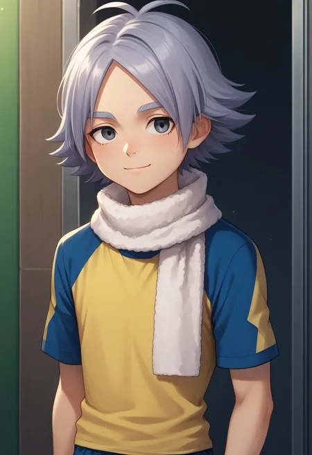 score_9, score_8_up, score_7_up, source_anime, highly detailed,
fubuki, 1boy, male focus, solo, grey hair, grey eyes, sportwear, raimon, raimon soccer uniform, shirt, yellow shirt, short sleeves, raglan sleeves, shorts, blue shorts, upper body, slender, skinny, scarf, white scarf, smile, shy,
outdoor,