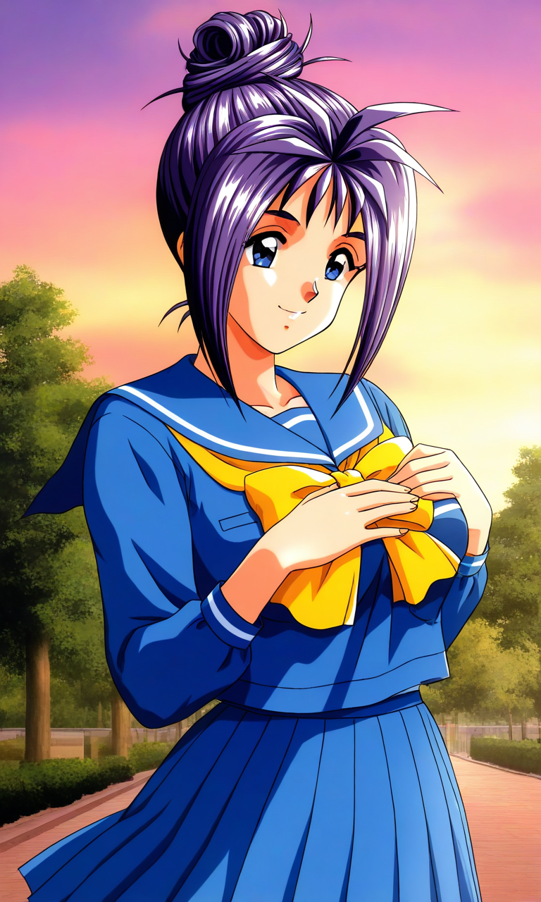 general,highres, ultra-detailed,very aesthetic,best quality ,best hands, BREAK <lora:Katagiri_Ayako_Tokimeki_Memorial_IS:1>
Katagiri_Ayako(Tokimeki_Memorial), 1girl, solo, blue eyes, purple hair, single hair bun, short hair, bangs, large breasts,
school uniform, blue serafuku, blue skirt, Yellow bow, hand on own chest, sailor collar, blue sailor collar, 
smile, long sleeves, pleated skirt, outdoor, tree, sky,