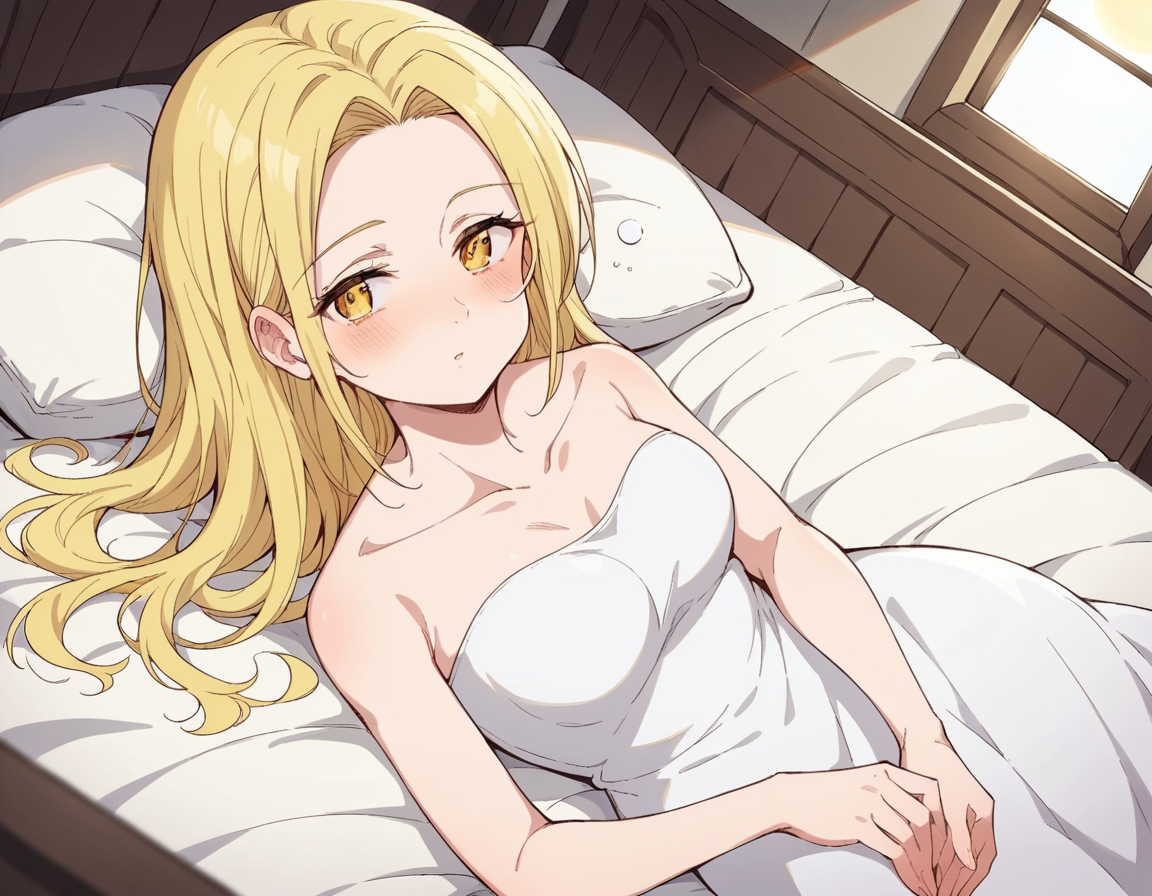 score_9, score_8_up, score_7_up, source_anime, <lora:nanatsu-elaine-s2s3-ponyxl-lora-nochekaiser:1>, elaine, long hair, blonde hair, yellow eyes,, dress, white dress, collarbone, bare shoulders, sun dress,, indoors, bed, bed room, on side, blush, drunk, looking at viewer, solo,, cowboy shot, dutch angle