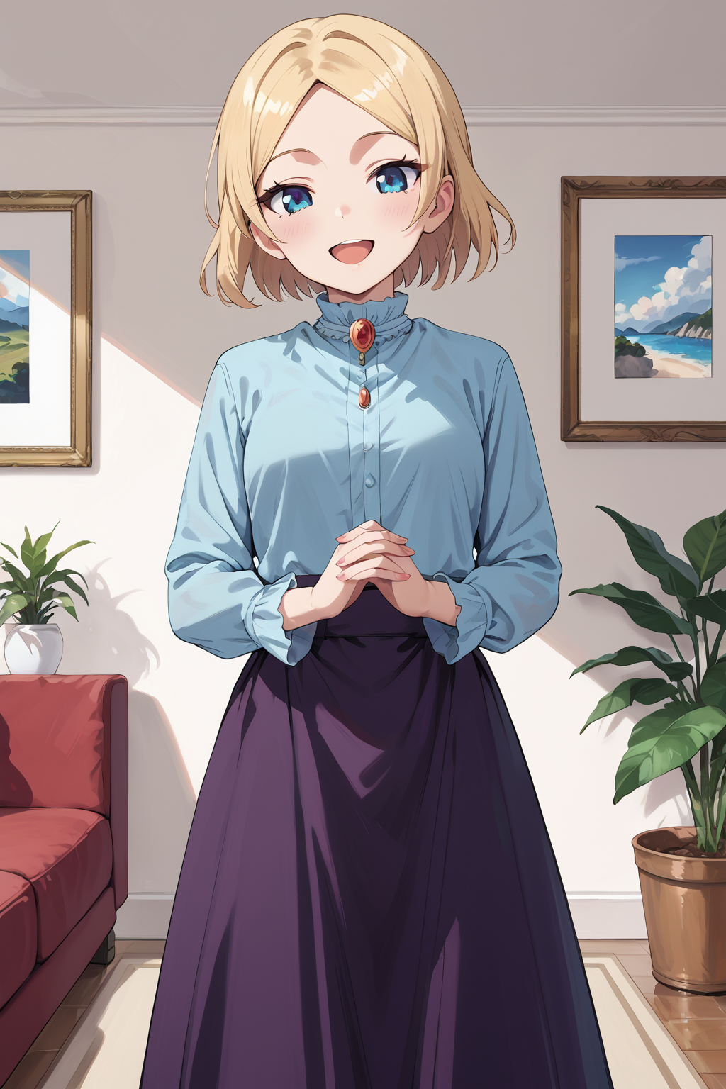 score_9, score_8_up, score_7_up, , source_anime, BREAK,   <lora:hasakamama_pony-000009:0.8>hayasakamama, 1girl, solo, blonde hair, blue eyes, looking at viewer, short hair, long sleeves, blue shirt, ruby brooch, purple skirt,, , smile, long skirt,  ,  (cowboy shot:1.5), parted bangs,  open mouth, own hands together, , indoors,   living room,