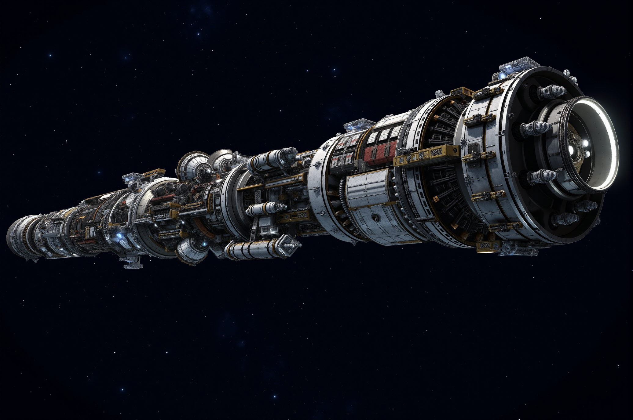 <lora:SpaceCraft_v.1:0.8> SPCCRFT style. A massive deep-space vessel drifts silently through the cosmos, its intricate and heavily-industrialized design embodying a fusion of advanced engineering and rugged functionality. The elongated, cylindrical structure is densely packed with modular components, exposed mechanical frameworks, and an array of complex piping and conduits that suggest a highly specialized purpose, possibly for long-range exploration, deep-space research, or military operations. The forward section features an array of extended antenna-like structures, meticulously arranged to enhance communication, navigation, and long-distance scanning capabilities. The shipâs surface showcases a wealth of mechanical details, including reinforced hull plating, docking ports, and maintenance hatches, all interconnected through a network of ladders, catwalks, and access corridors that convey a sense of scale and operational complexity. Various sections of the vessel are illuminated by small clusters of artificial lights, casting a cool, sterile glow over the intricate metalwork, highlighting the vessel's immense size against the backdrop of deep space filled with distant stars. The aft section houses powerful thrusters encased in structural bracing, suggesting an advanced propulsion system capable of navigating the vast emptiness with precision and efficiency. Additional external modules, such as spherical containment units and mechanical arms, add to the ship's utilitarian aesthetic, reinforcing its multi-purpose capabilities. The design follows a photorealistic sci-fi art style, focusing on high-detail texturing, dynamic lighting, and a complex interplay of geometric forms that create a visually striking composition. The dramatic perspective and meticulous detailing evoke themes of exploration, endurance, and mankindâs relentless pursuit of the unknown depths of the universe.
