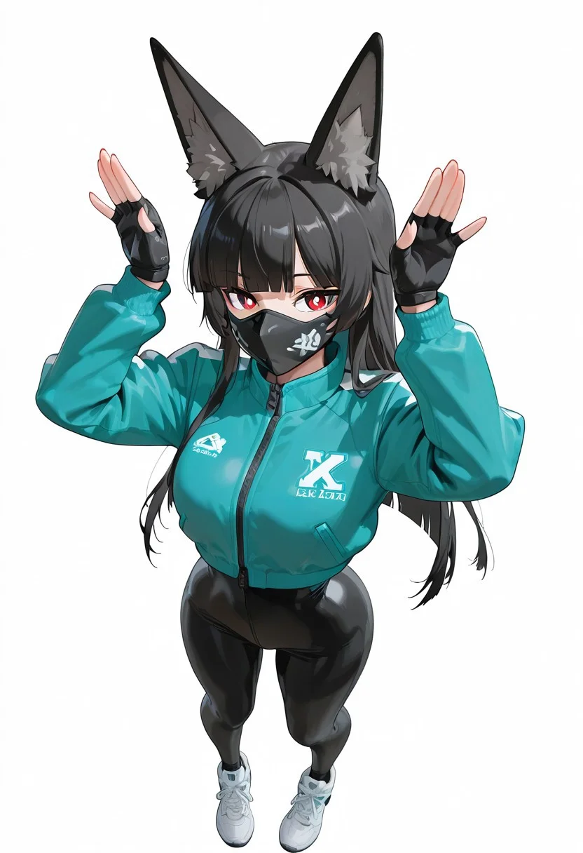 masterpiece,best quality,amazing quality, sharp details, vivid color <lora:miyabi_zzz _ilxl_goofy:1>miyabizzz, 1girl, solo, 1girl, alternate costume, animal ear fluff, animal ears, fox ears, fox girl, black hair, long hair, blunt bangs, sidelocks, red eyes, bright pupils, sk997cos, sk01 jacket, ((turquoise jacket)), sk04 mask, black gloves, fingerless glove, sk02 sneakers, white sneakers, standing, bunny pose, from above view ,
(full body), simple background, white background,