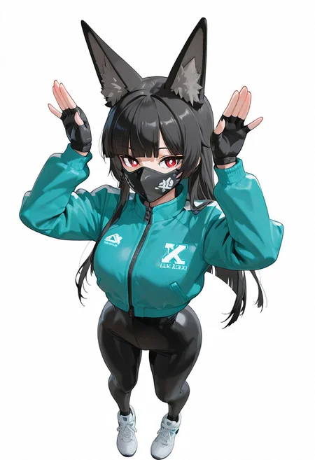 masterpiece,best quality,amazing quality, sharp details, vivid color <lora:miyabi_zzz _ilxl_goofy:1>miyabizzz, 1girl, solo, 1girl, alternate costume, animal ear fluff, animal ears, fox ears, fox girl, black hair, long hair, blunt bangs, sidelocks, red eyes, bright pupils, sk997cos, sk01 jacket, ((turquoise jacket)), sk04 mask, black gloves, fingerless glove, sk02 sneakers, white sneakers, standing, bunny pose, from above view ,
(full body), simple background, white background,