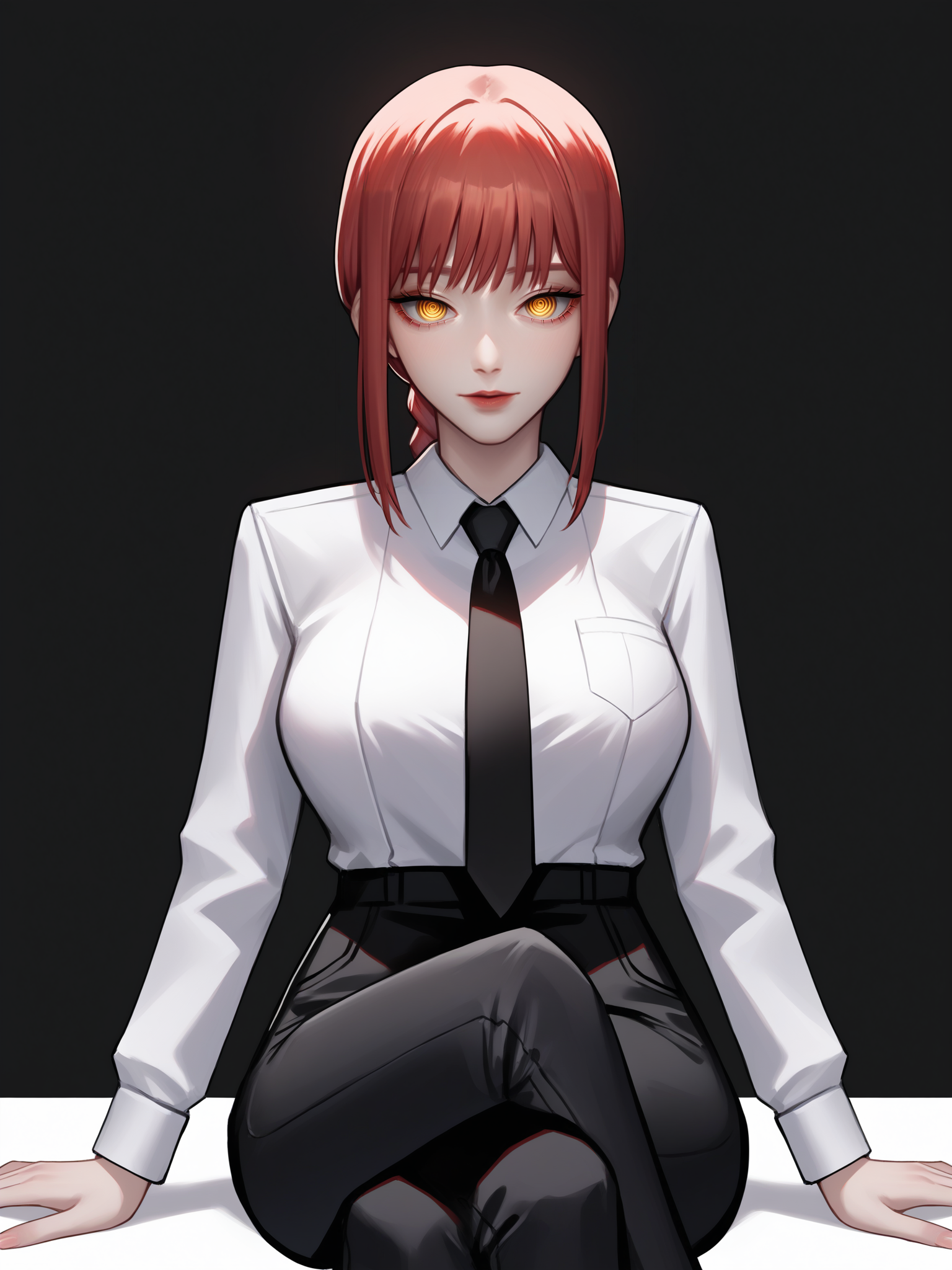 score_9, score_8_up, score_7_up, score_6_up, score_5_up, score_4_up,
BREAK
makima \(chainsaw man\), red hair, yellow eyes, braid, looking at viewer,
BREAK
sitting, crossed legs, large breasts, white collared shirt, black pants,
BREAK
black background, <lora:Lunas-Kidmo-SDXL-A1:1>