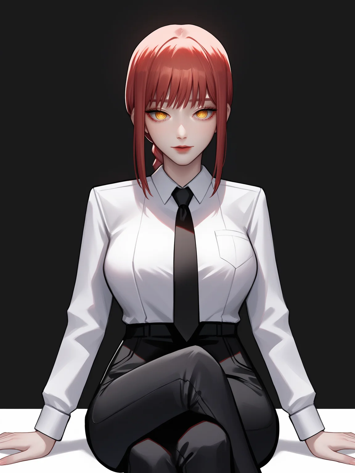score_9, score_8_up, score_7_up, score_6_up, score_5_up, score_4_up,
BREAK
makima \(chainsaw man\), red hair, yellow eyes, braid, looking at viewer,
BREAK
sitting, crossed legs, large breasts, white collared shirt, black pants,
BREAK
black background, <lora:Lunas-Kidmo-SDXL-A1:1>