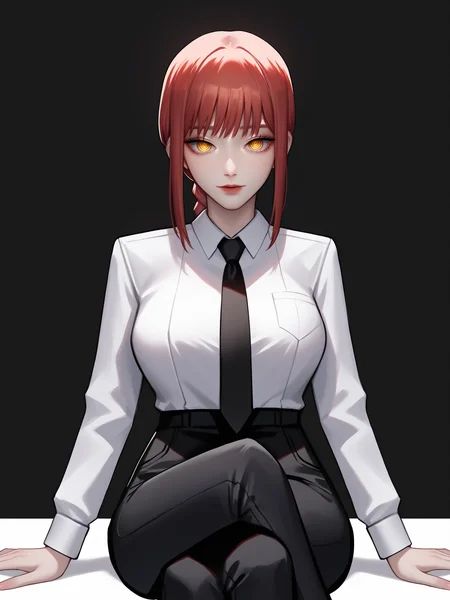 score_9, score_8_up, score_7_up, score_6_up, score_5_up, score_4_up,
BREAK
makima \(chainsaw man\), red hair, yellow eyes, braid, looking at viewer,
BREAK
sitting, crossed legs, large breasts, white collared shirt, black pants,
BREAK
black background, <lora:Lunas-Kidmo-SDXL-A1:1>