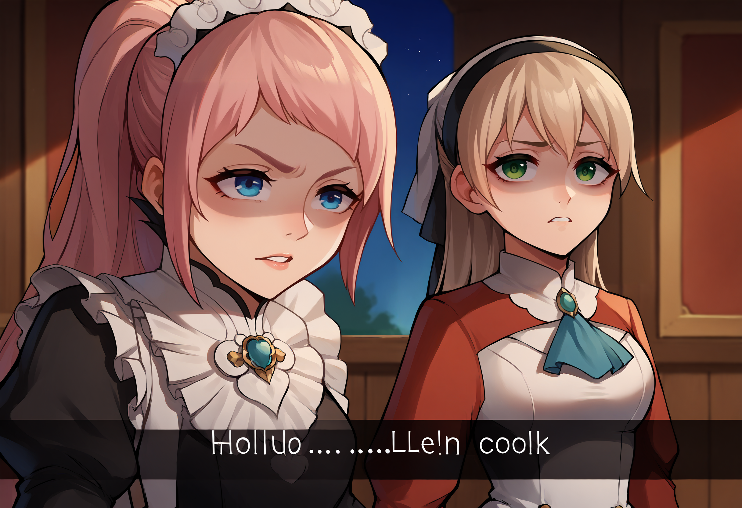 score_9, score_8_up, score_7_up, source_anime, 2girls, IncrsCook, <lora:LethimcookMeme_XLPD:0.5>, english text, 
BREAK <lora:felicia-fe-richy-v1_xl:1>, feliciadef, pink hair, ponytail, blue eyes, maid headdress, brooch, maid apron,
BREAK <lora:elie-pdxl-nvwls-v1:1>, zeroElie, black hairband, hair ribbon, long hair, ascot, uniform, long red sleeves, white dress,