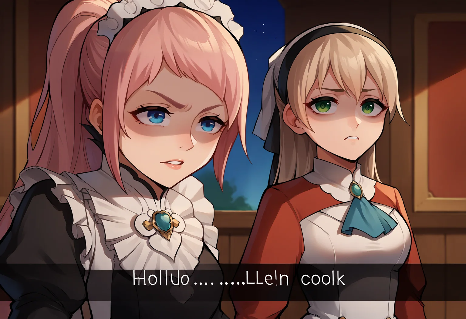 score_9, score_8_up, score_7_up, source_anime, 2girls, IncrsCook, <lora:LethimcookMeme_XLPD:0.5>, english text,
BREAK <lora:felicia-fe-richy-v1_xl:1>, feliciadef, pink hair, ponytail, blue eyes, maid headdress, brooch, maid apron,
BREAK <lora:elie-pdxl-nvwls-v1:1>, zeroElie, black hairband, hair ribbon, long hair, ascot, uniform, long red sleeves, white dress,