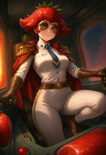 masterpiece, best quality, solo, curvy, beautiful eyes, narrow waist, wide hips, 1girl, solo, smile, looking at viewer, dynamic angle, foreshortening, close up,       strbrry, <lora:StrawberryWorldMorph_IXL_v1:1.0>,[Pilot], navy blue pilot uniform with gold epaulets on shoulders, aviator sunglasses, white dress shirt, navy tie with golden stripe, leather pilot gloves, polished leather shoes, cockpit controls with instruments lighting up, focused gaze on the runway, preparing for takeoff,