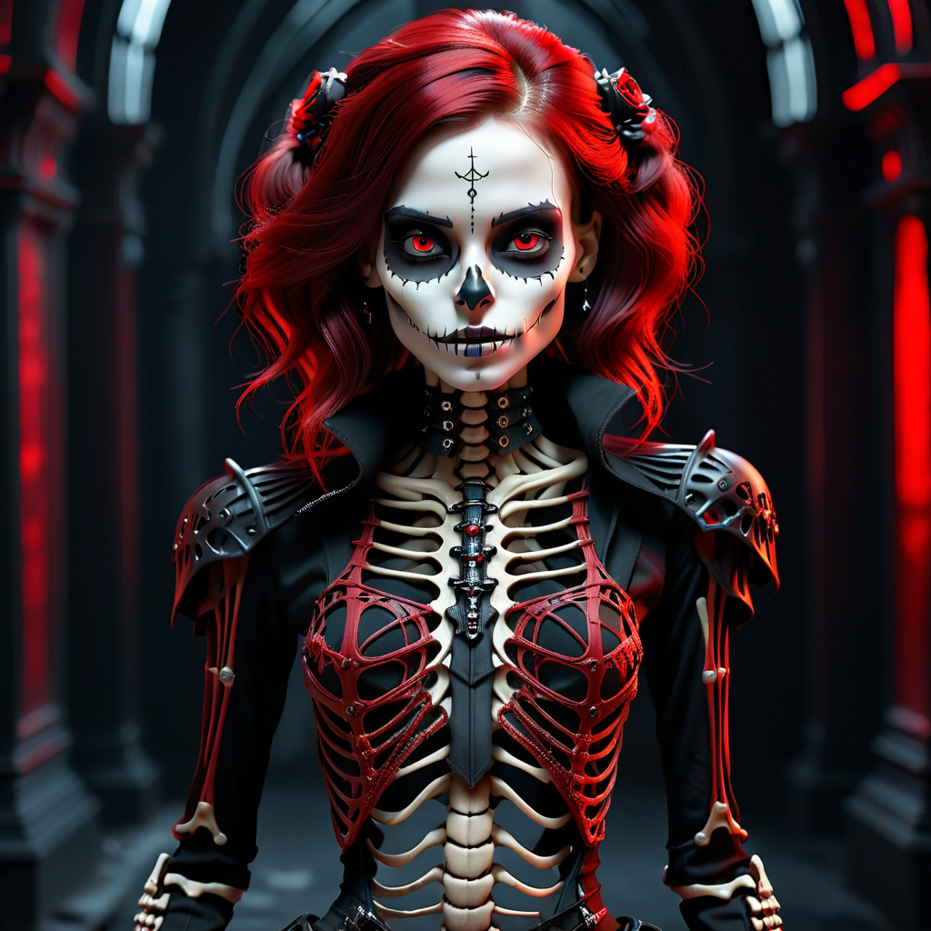 intricate photo of a skeleton girl, vampire clothing, cyberpunk style, gothic art, red and black colors