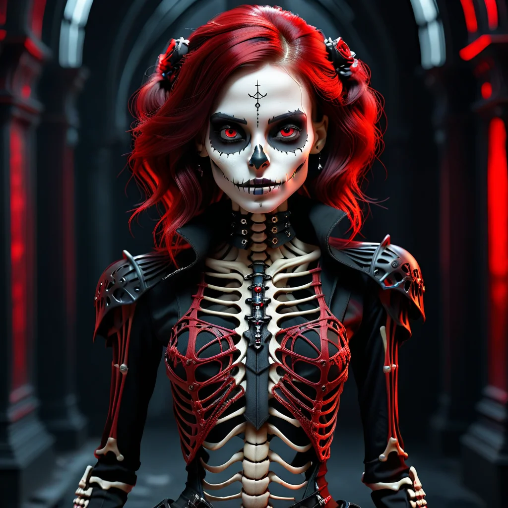 intricate photo of a skeleton girl, vampire clothing, cyberpunk style, gothic art, red and black colors