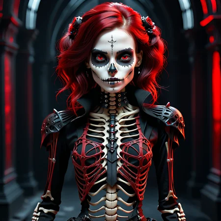 intricate photo of a skeleton girl, vampire clothing, cyberpunk style, gothic art, red and black colors