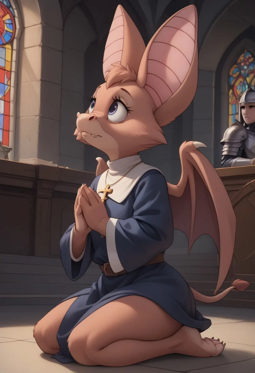 score_9, score_8_up, score_7_up, score_6_up, 1girl, hi_res, bat, Foxglove bat, bat tail, detailed face, highly detailed, one tail, bat anthro, Cartoon, detailed background, negative_hand, big eyes, 4fingers, 4k, ultra detailed, focus eyes, bat legs, big bat wings, wings are much bigger than body, SFW, beautiful legs, praying face, (catholic church:1.4), inside, on knees, saint areola of light around the face, grey knight armor, female knight armor, full knight armor, full body view, 3/4 side view, close view, shining sword on belt, looking up