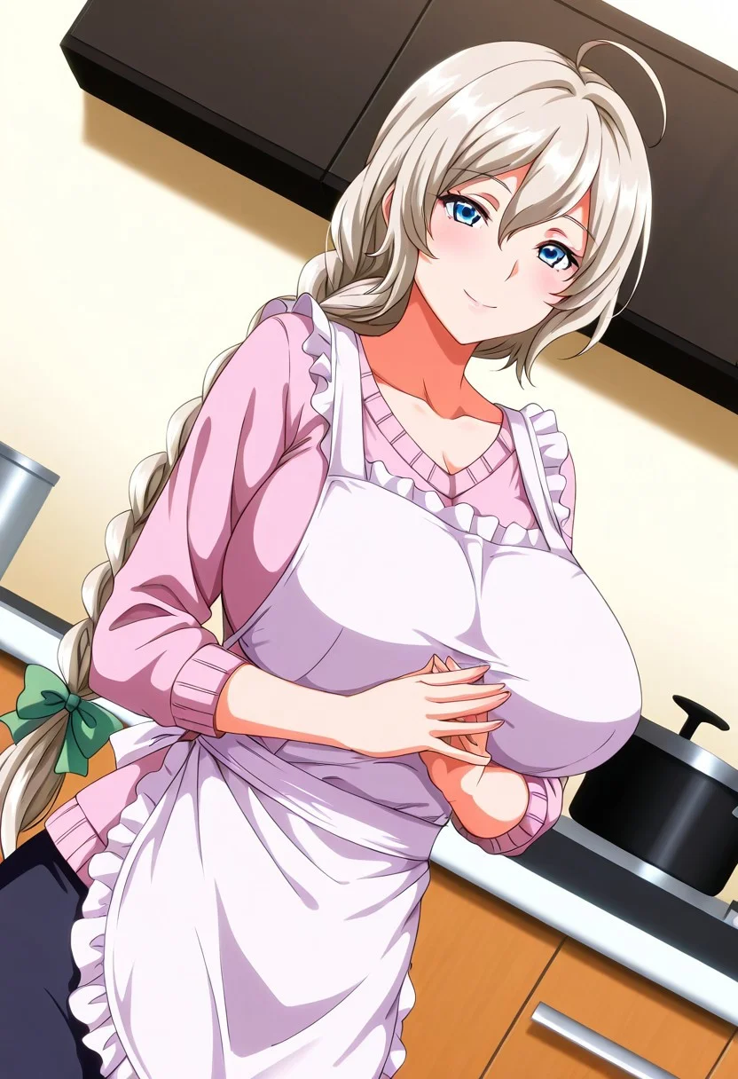 general,highres, ultra-detailed,very aesthetic,best quality ,best hands,best eyes,easynegative,
dynamic anglre, dutch angle, anime cloring,
1girl solo,looking at viewer,kitchen, smile,
Yuriya Komiya,huge_breasts, silver hair, long_hair, braid, ahoge, blue eyes, hair ribbon,shirt,skirt,apron,