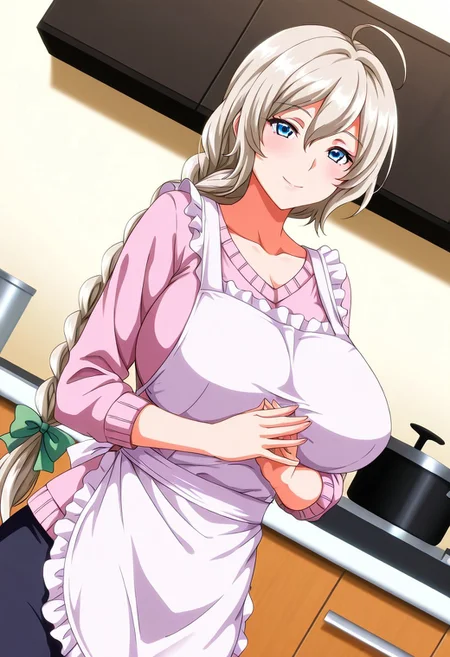 general,highres, ultra-detailed,very aesthetic,best quality ,best hands,best eyes,easynegative,
dynamic anglre, dutch angle, anime cloring,
1girl solo,looking at viewer,kitchen, smile,
Yuriya Komiya,huge_breasts, silver hair, long_hair, braid, ahoge, blue eyes, hair ribbon,shirt,skirt,apron,