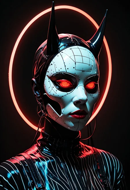 masterpiece, best quality,high quality, newest, highres,absurdres, androgynous figure against a solid black background. The subject is adorned in a futuristic, geometric costume with bold color combinations. The costume is primarily composed of horizontal black and white stripes, which create a stark contrast against the figure's pale skin. The headpiece is a large, circular shape with a gradient from red at the outer edge to white at the center, resembling a halo. The figure's face is painted in a dramatic, almost mask-like style, with a white base and striking red lips. The makeup around the red glowing eyes is heavily accentuated, giving a bold, almost exaggerated appearance. The overall aesthetic is minimalistic yet highly impactful, with a focus on clean lines and bold color contrasts. The image's lighting is carefully controlled, casting subtle shadows that accentuate the contours of the costume and the figure's features. The texture of the costume appears smooth and glossy, enhancing the futuristic and otherworldly feel of the artwork. The composition is symmetrical, with the figure centered and the headpiece extending beyond the frame, drawing the viewer's attention to the central subject. white sphere on the background, dark_theme,soft lighting,g0th1c, glowing, neon lights, glowing eyes