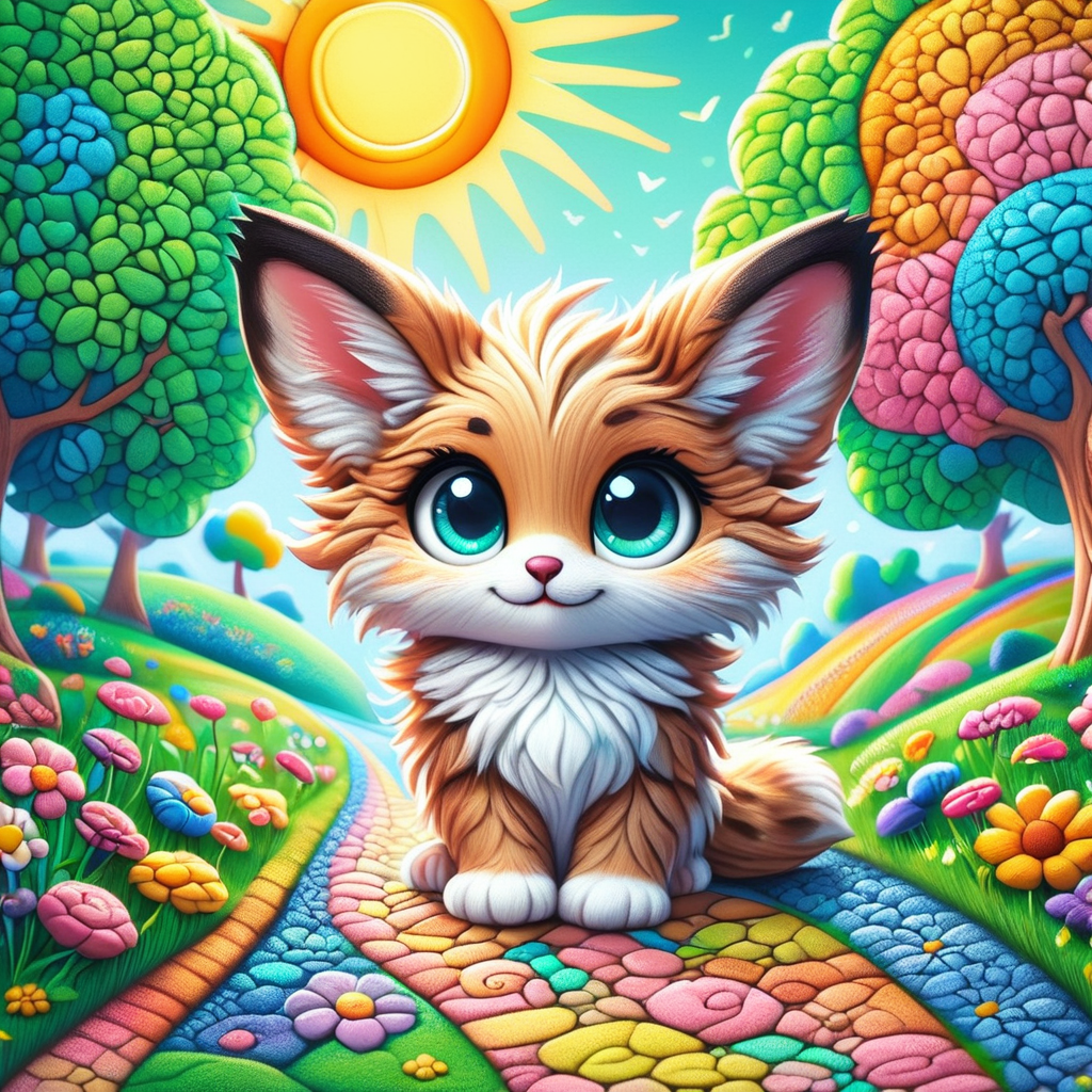 zPDXL2, cr4y0n, colorful illustration, cartoon kitten, multicolored stones path, large eyes, fluffy  fur, green trees, bright sun, flowers, whimsical, fantasy <lora:Colorful_Crayons_Pony:1>